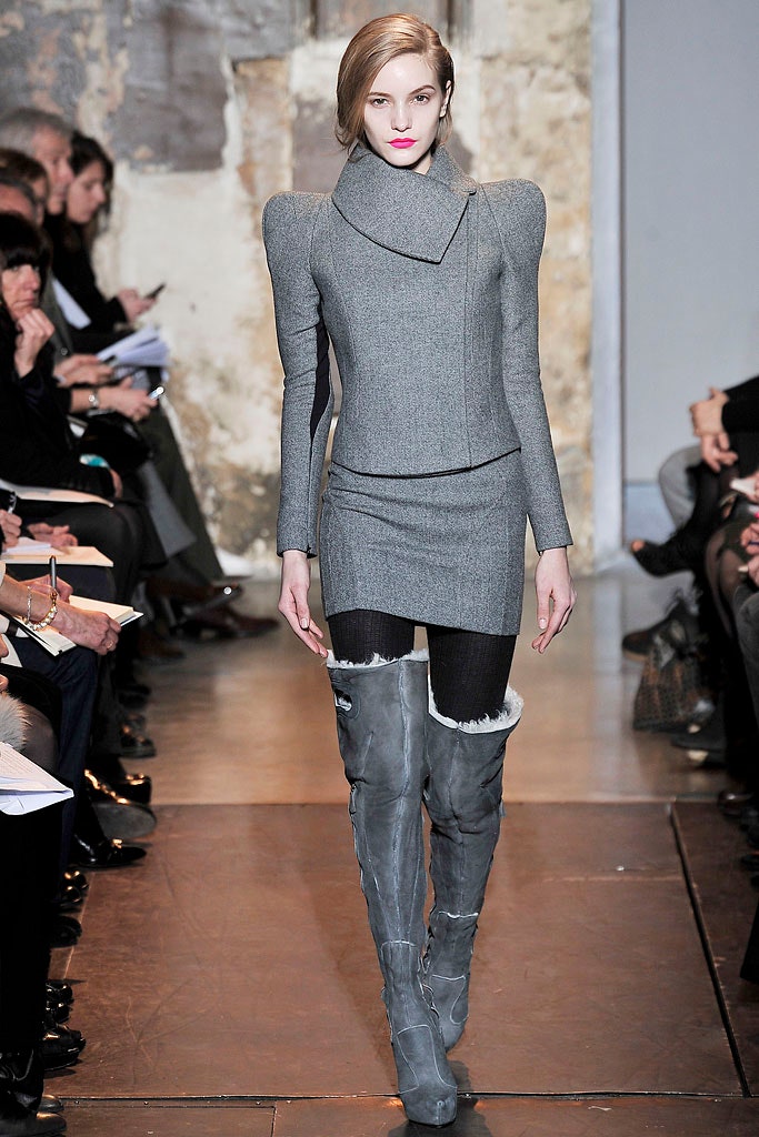gray wool long-sleeve high-neck fitted structured mini dress