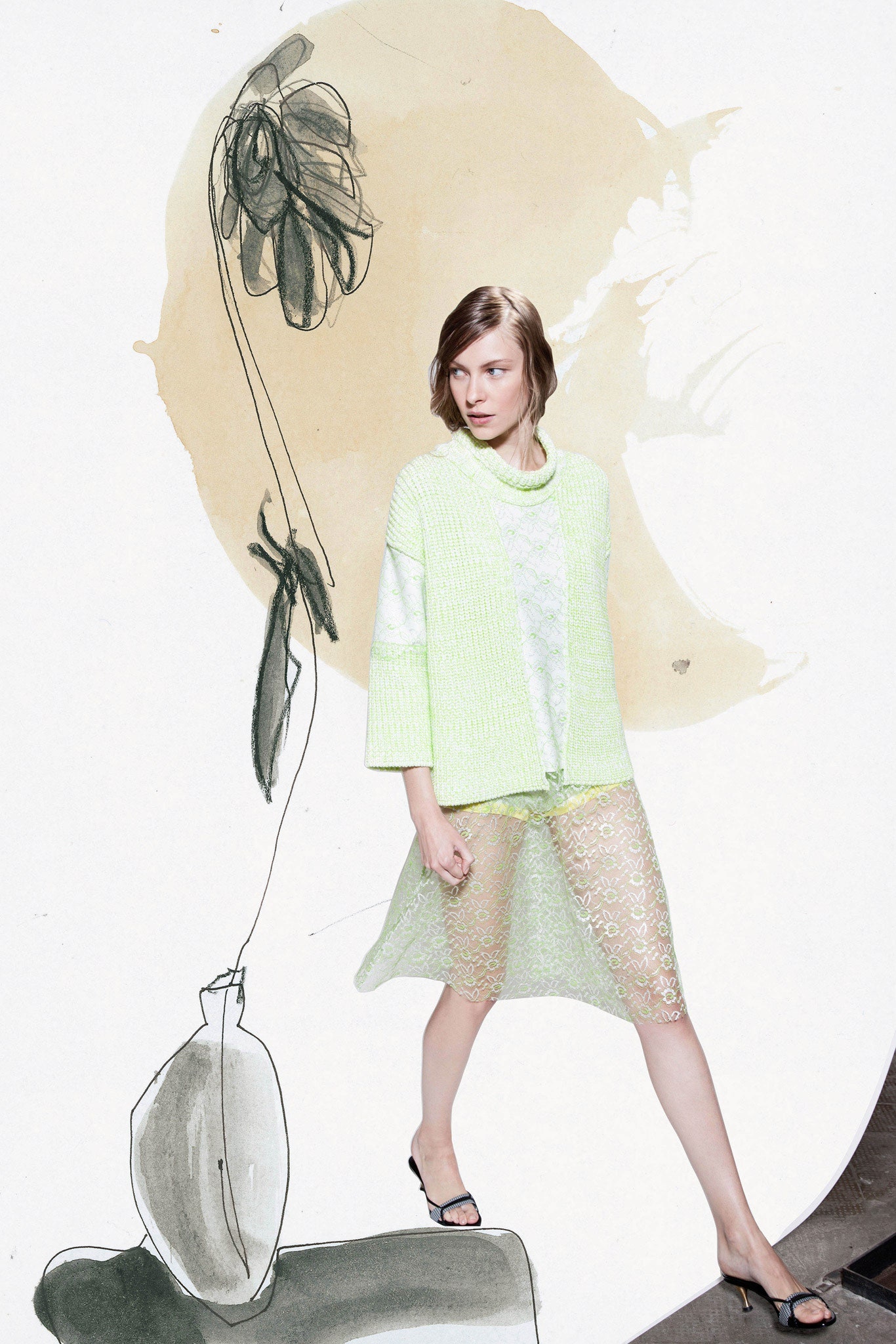 green relaxed top with white lace skirt