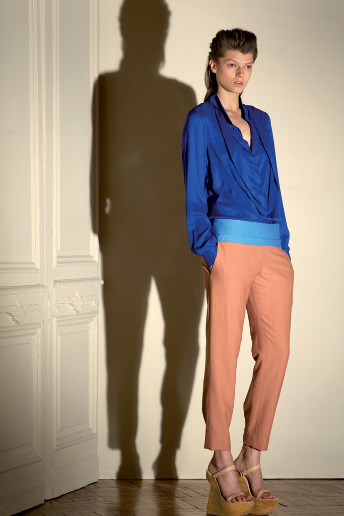 blue long-sleeve v-neck fitted draped blouse