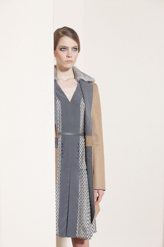 beige wool coat with gray dress