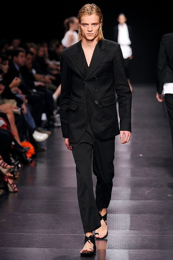 black tailored suit with sandals