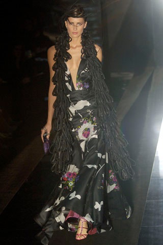 black floral gown with clutch