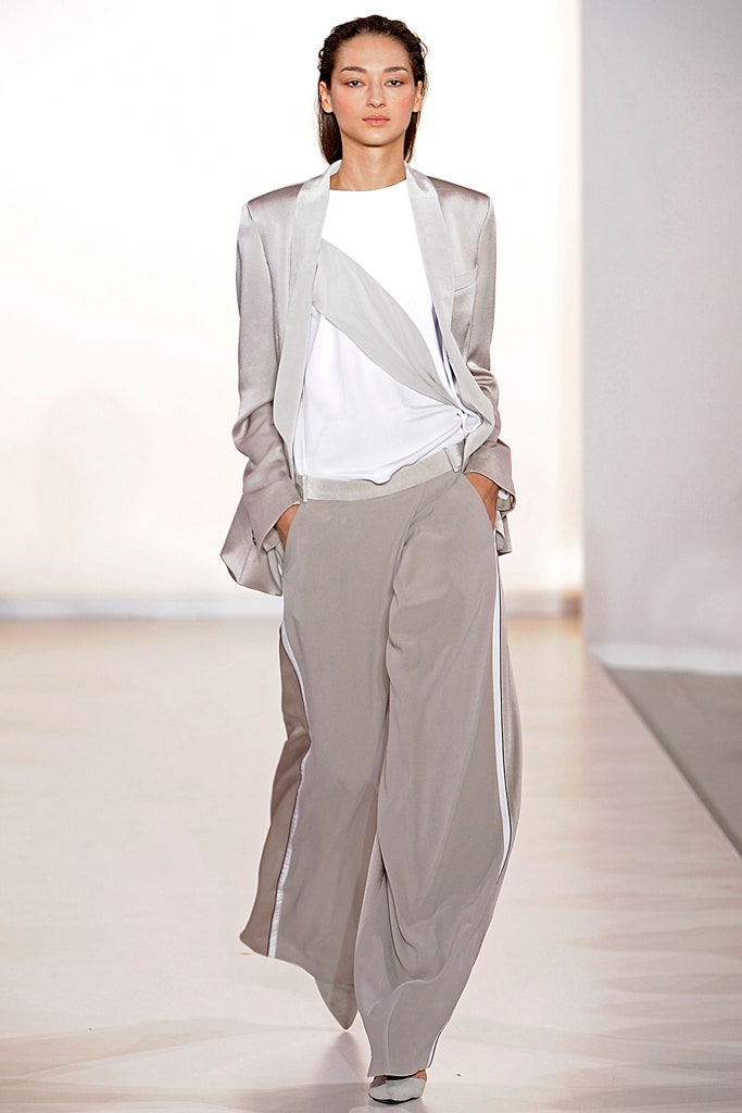 gray silk blazer and wide-leg pants