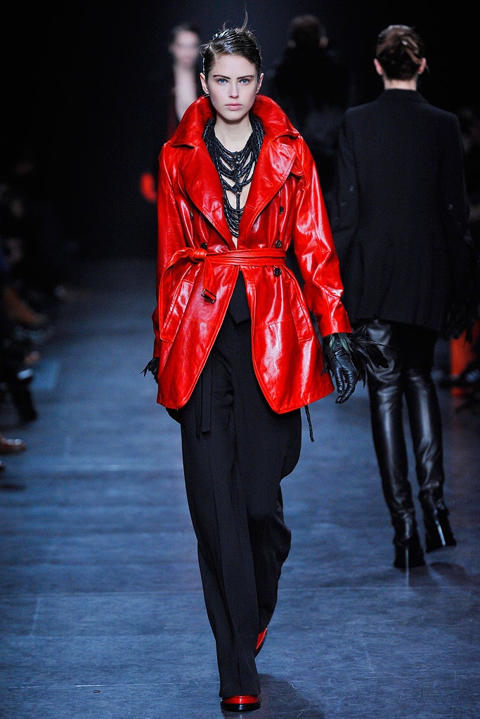 red leather long-sleeve collared fitted belted coat