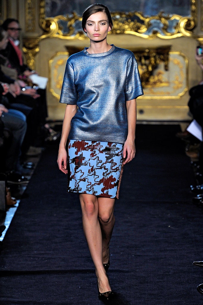 blue metallic fitted top with mini skirt