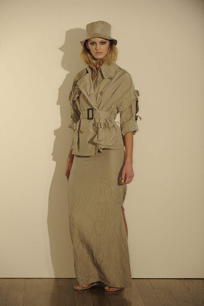 beige cotton sleeveless high-neck fitted maxi dress