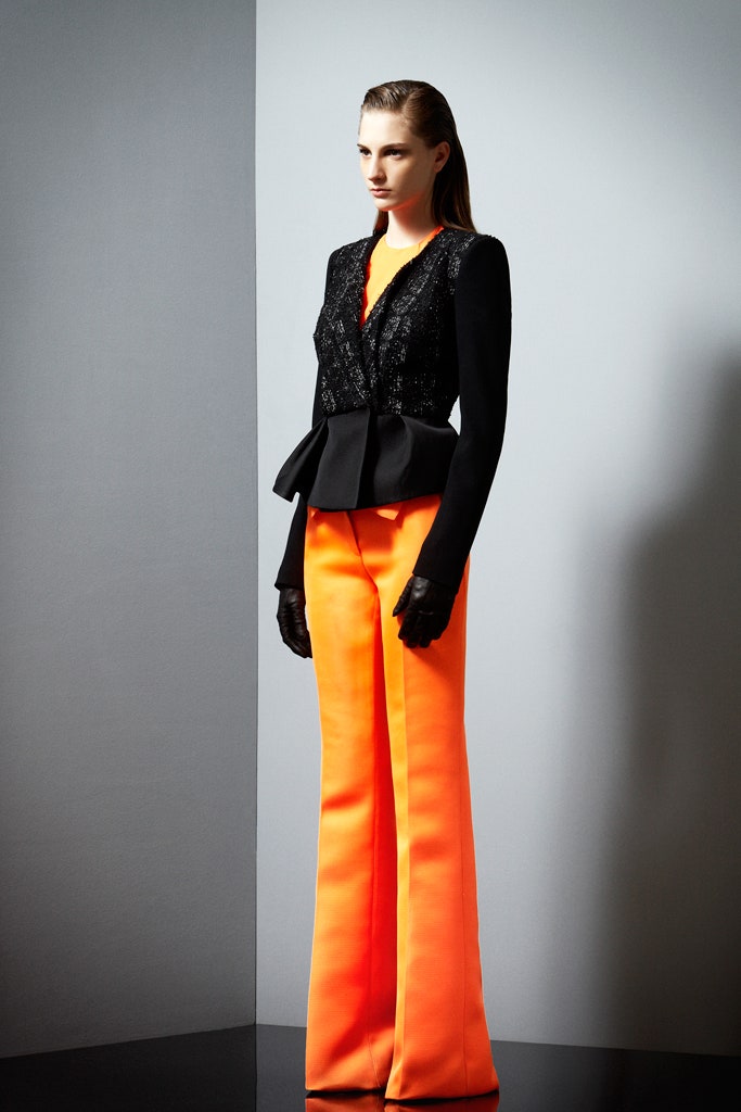 black lace blazer orange tailored pants