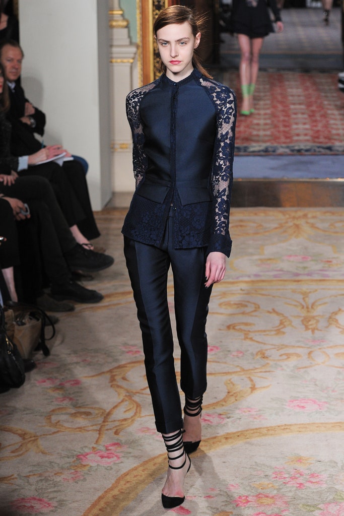 blue silk long-sleeve collared fitted embroidered blouse