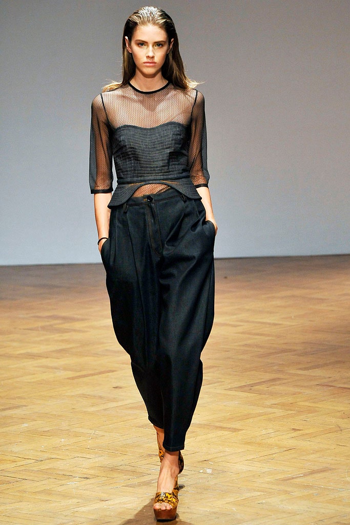 black mesh top with relaxed pants
