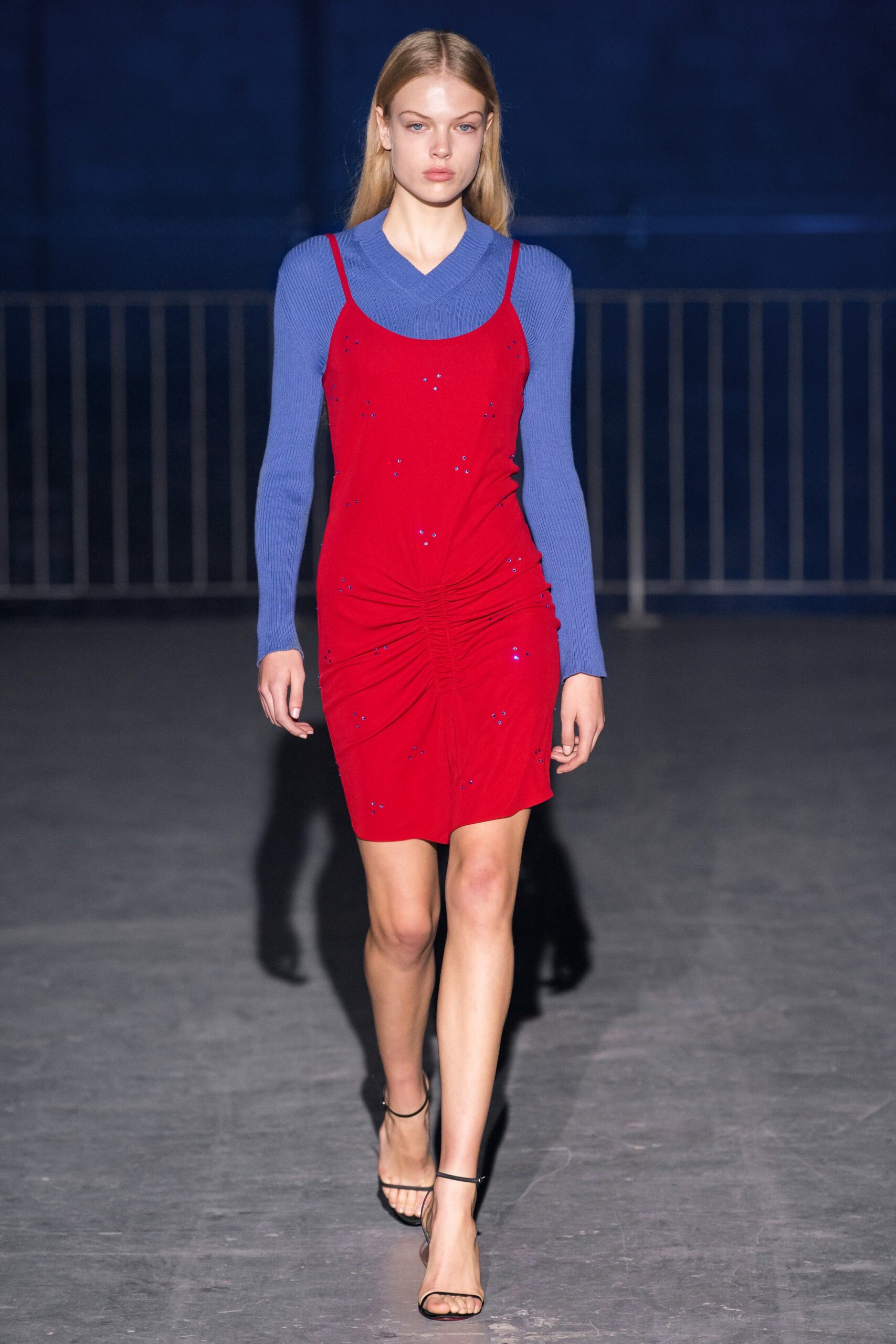 red mini dress with blue top