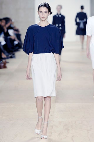 navy and white tiered midi dress