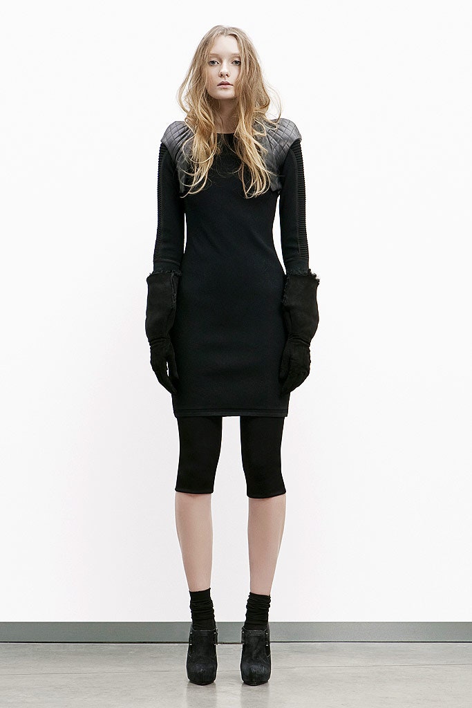 black fitted dress with gloves