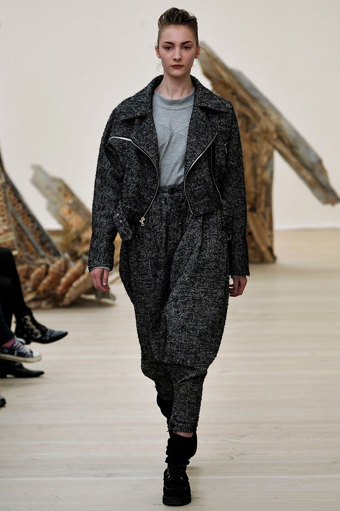 relaxed black wool jacket with gray top