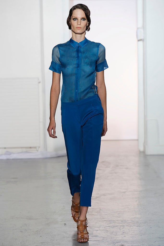 blue silk tailored high-waisted straight-leg pants