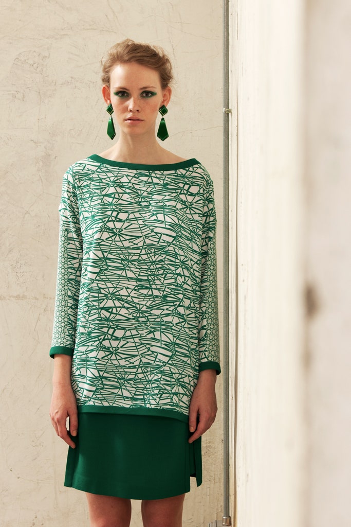 green printed top with skirt