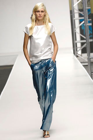 blue vinyl fitted straight-leg shiny pants