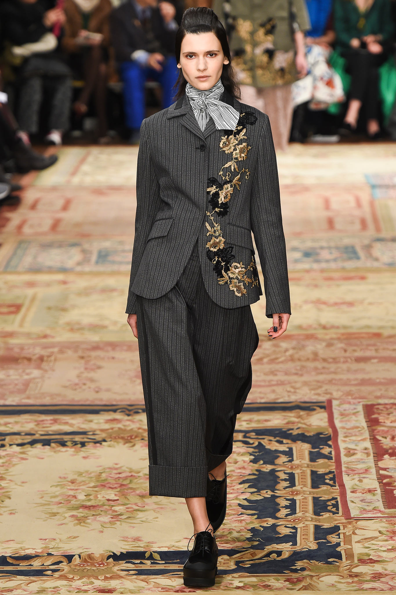 gray tailored blazer with wide-leg pants