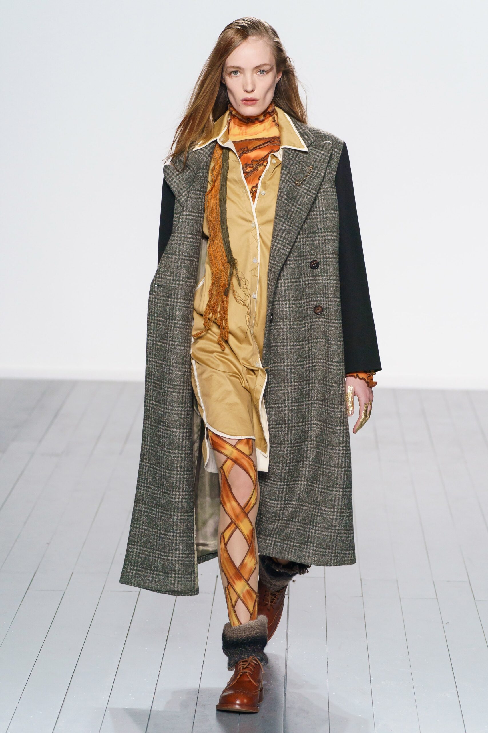 gray wool coat with beige dress