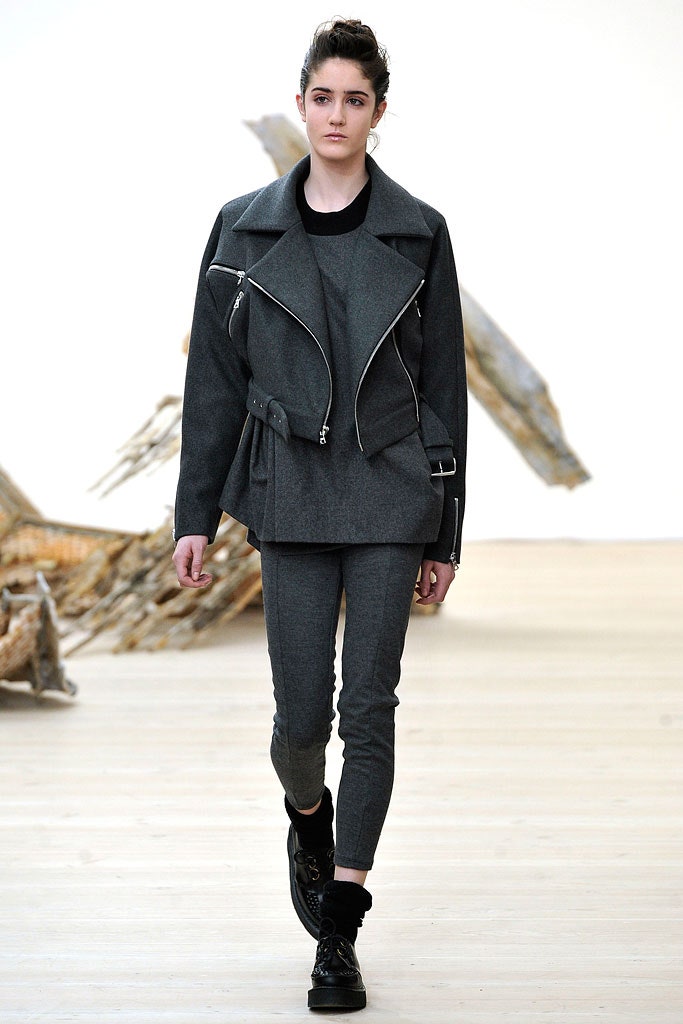 gray structured jacket and slim pants