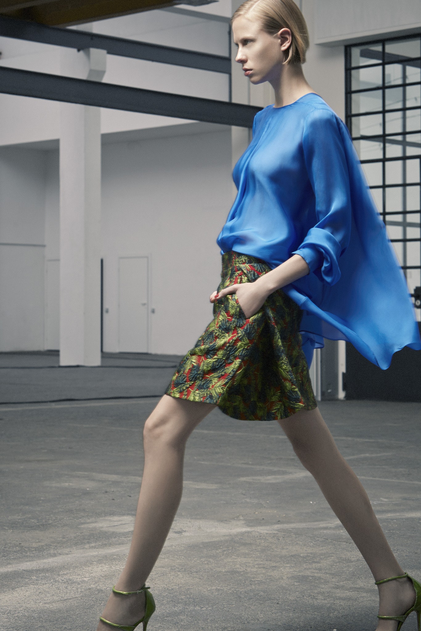 blue silk relaxed top with multi skirt