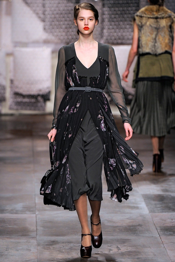 black and gray pleated midi dress