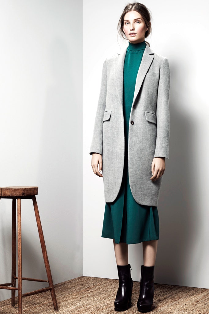gray wool coat with green dress