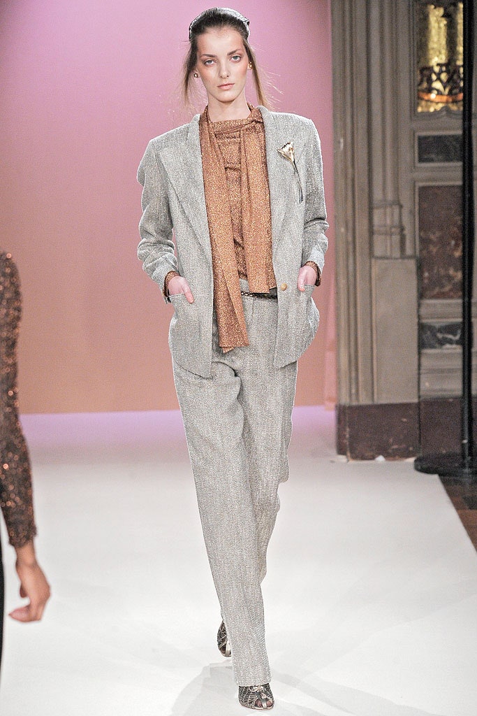 tailored gray silk suit with brown top