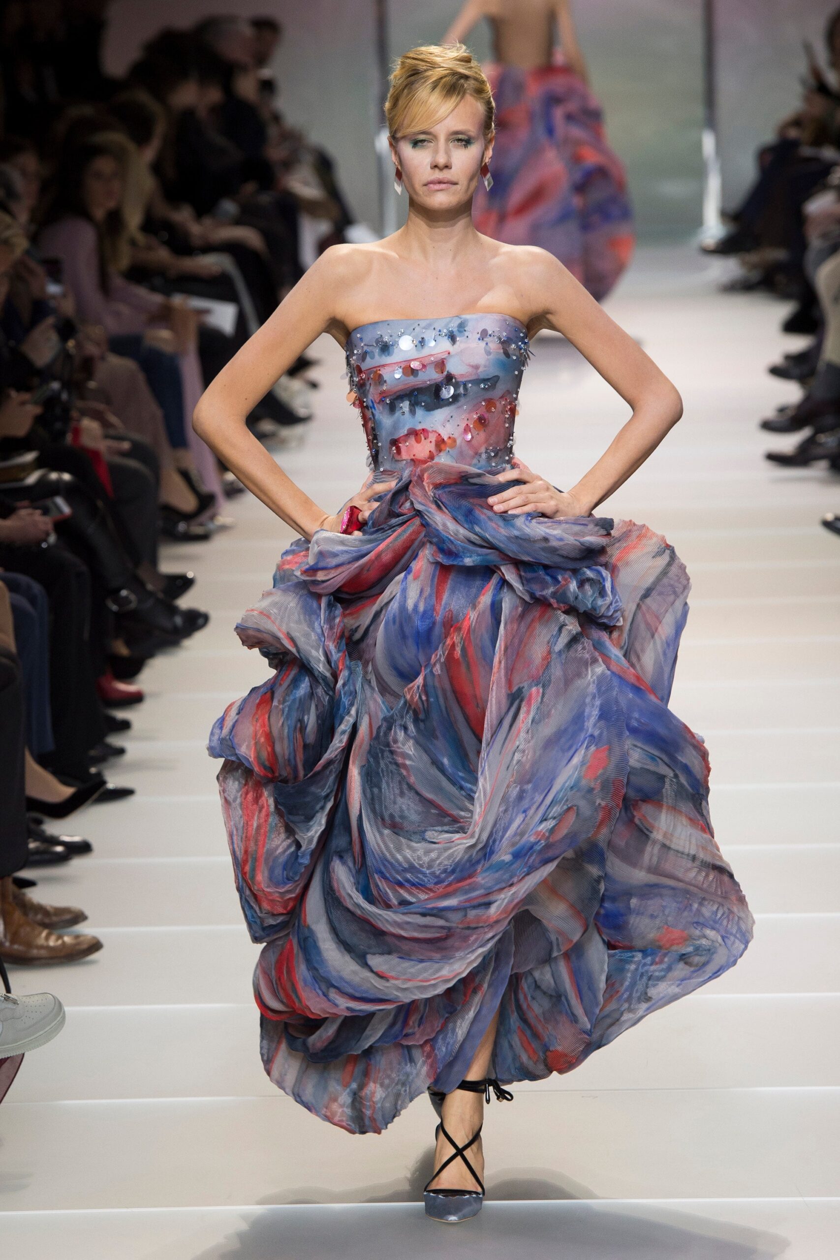 blue and red ruffled gown