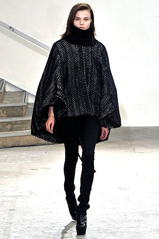 black wool sleeveless high-neck relaxed striped poncho