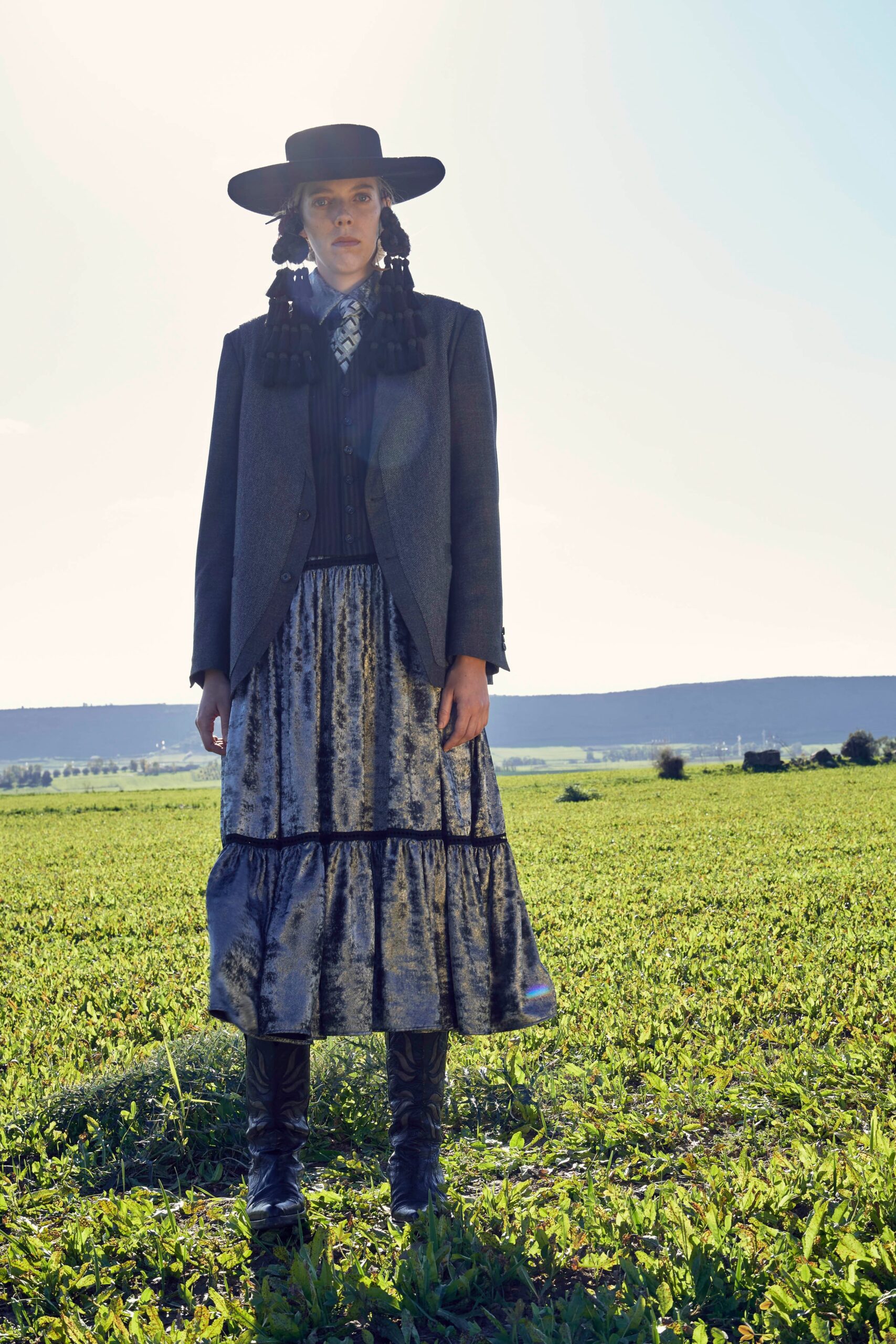 blue silk relaxed tiered midi skirt