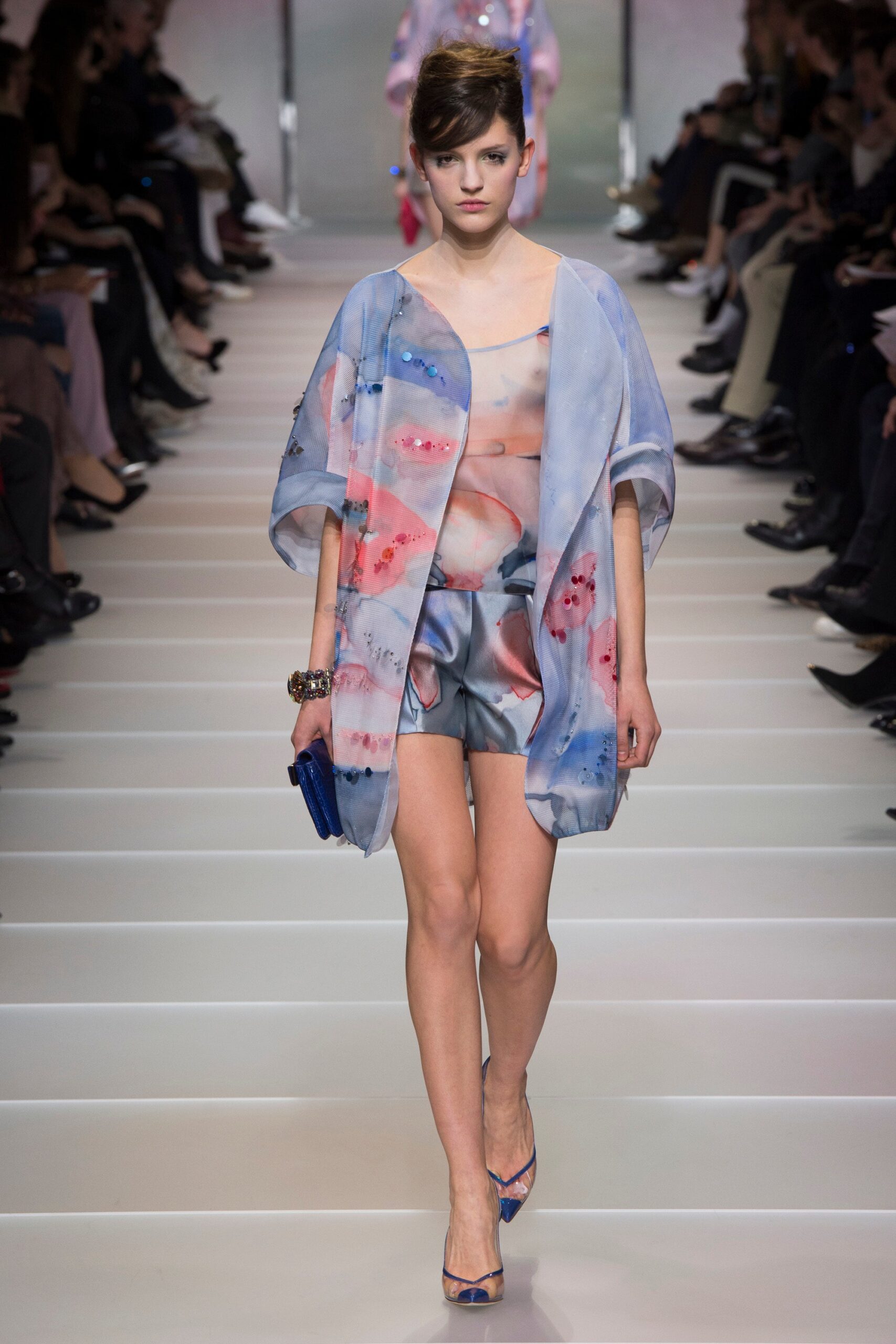 blue and pink silk outfit