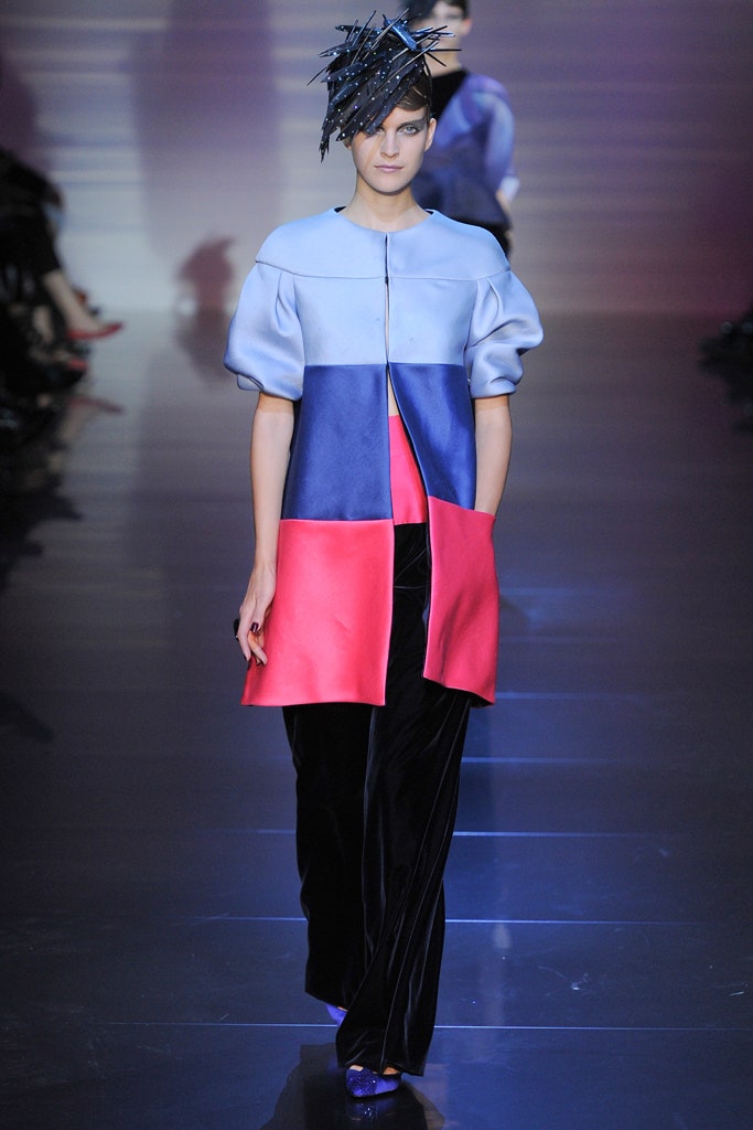 blue silk short-sleeve collared structured color-blocked jacket