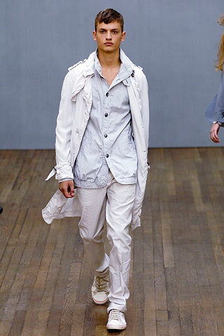 white trench coat with blue shirt
