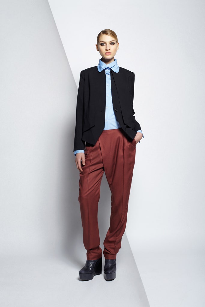 black blazer blue shirt red pants