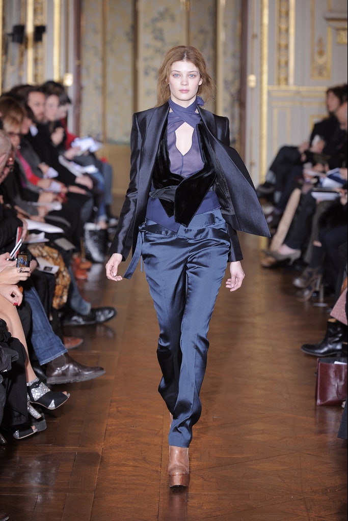 black blazer blue top tailored pants