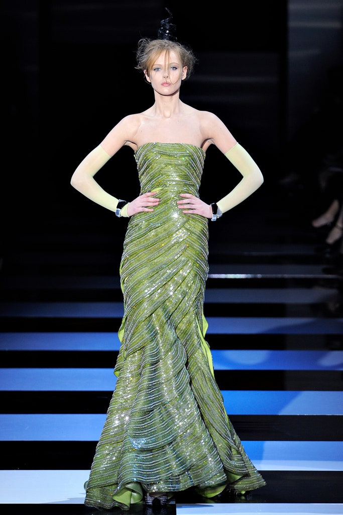 fitted green strapless gown