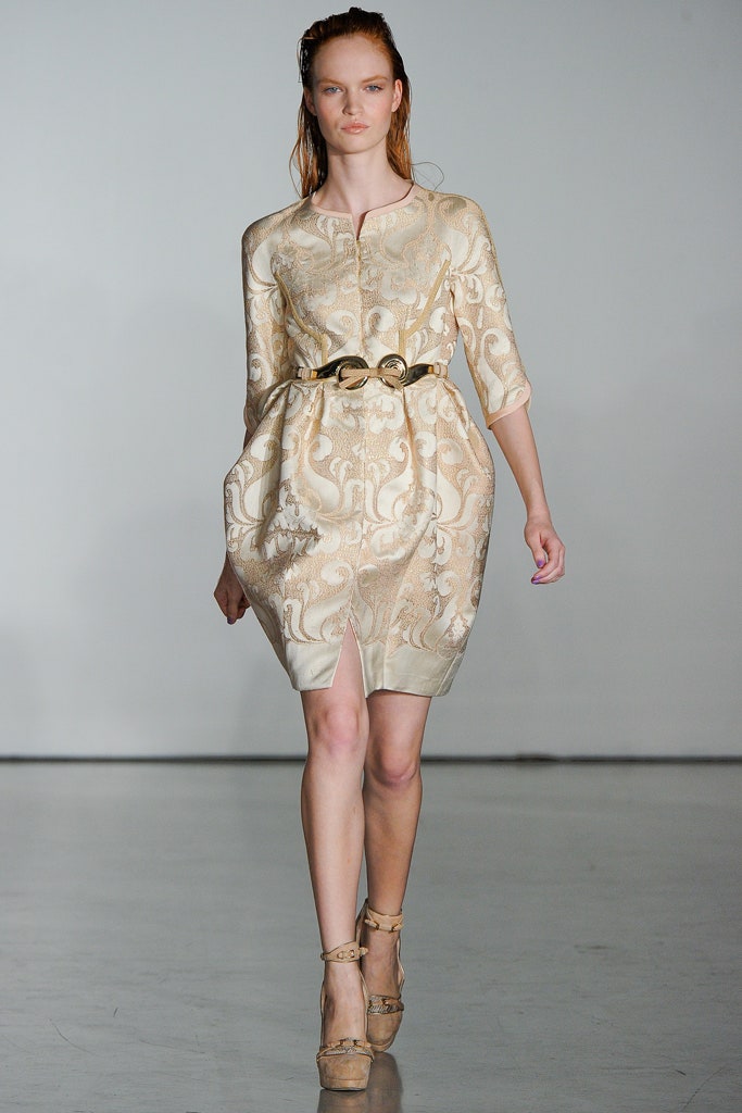 gold silk long-sleeve collared fitted embroidered belted dress