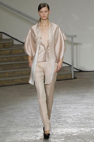 beige silk blouse and pants