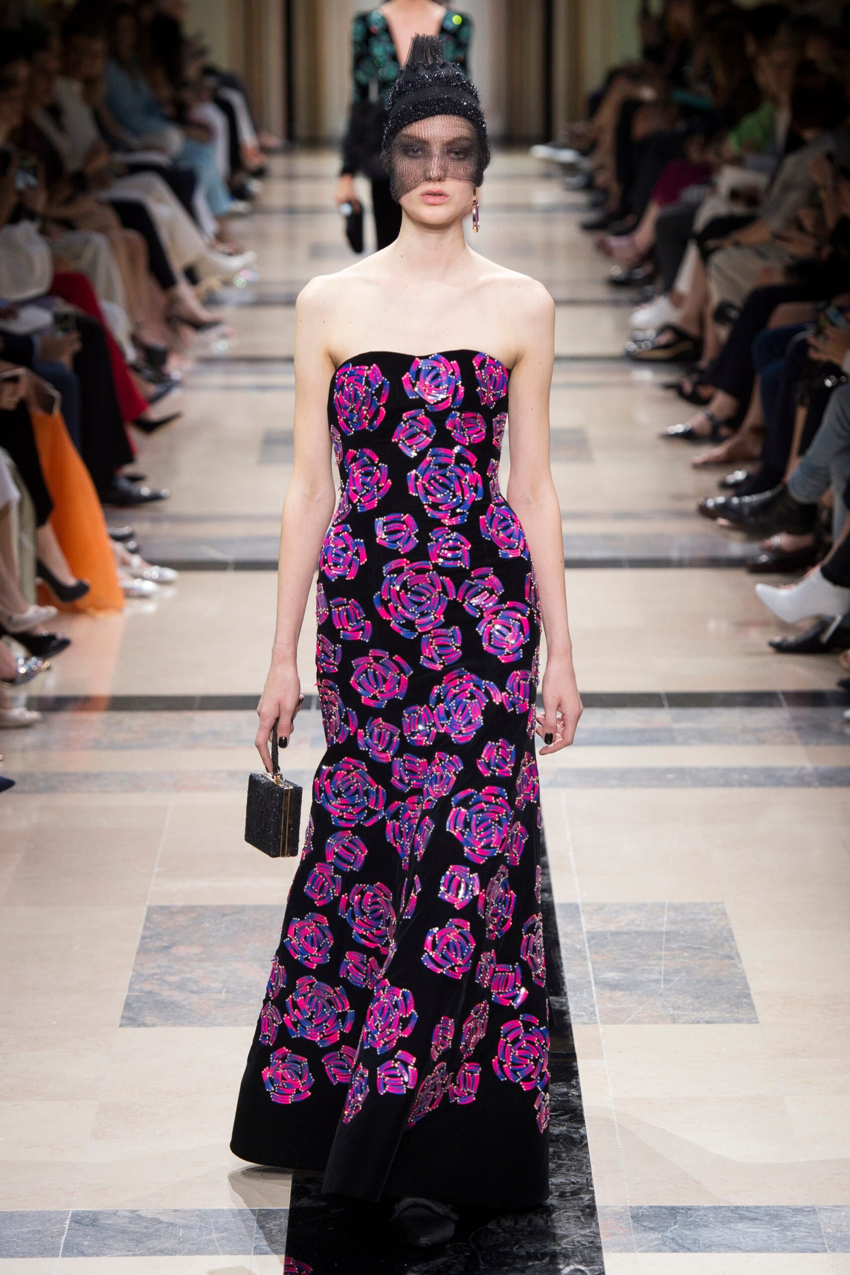 black strapless embroidered gown