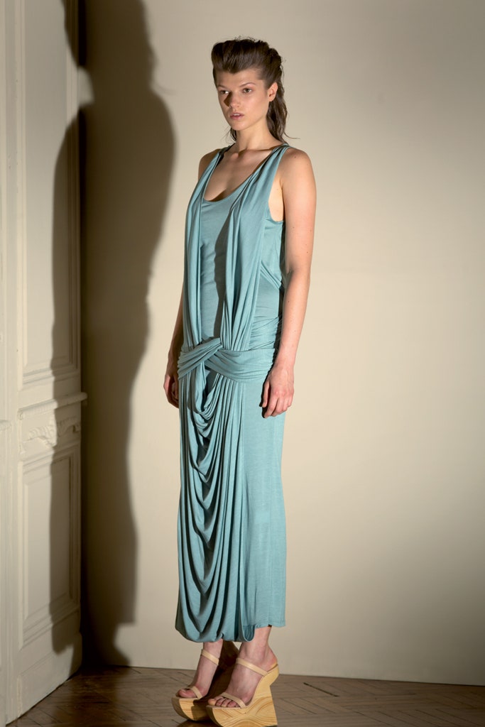teal draped sleeveless dress