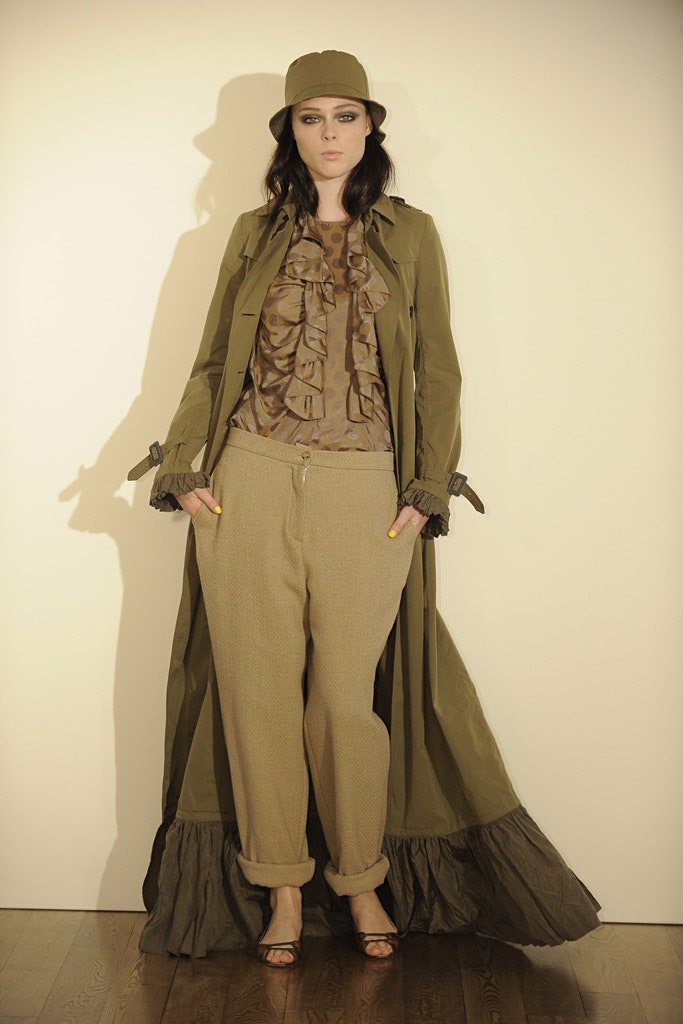 green cotton long-sleeve collared relaxed draped maxi coat