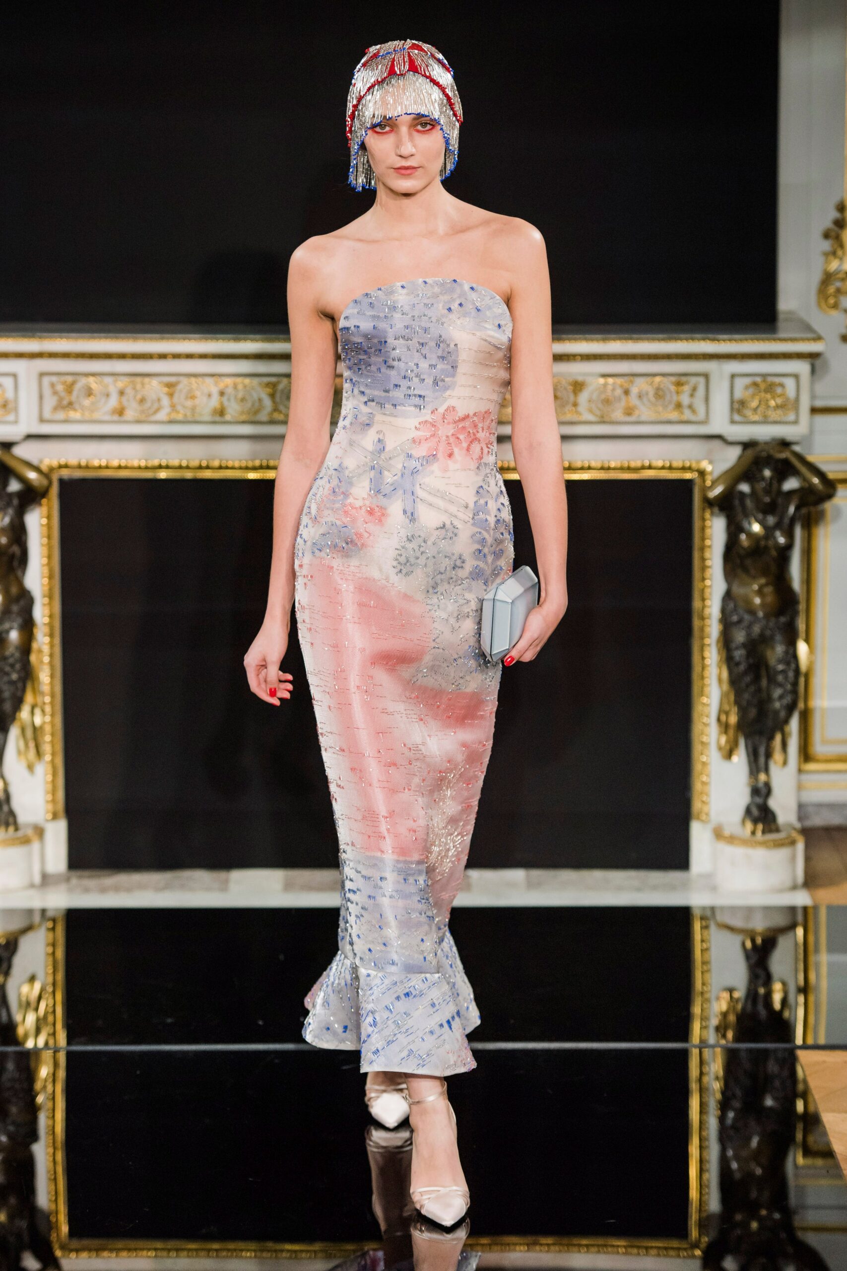 pink and blue embellished gown