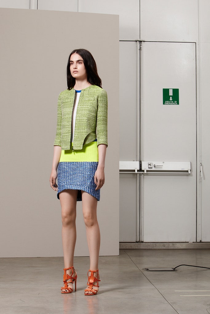 green tweed jacket with color-blocked dress