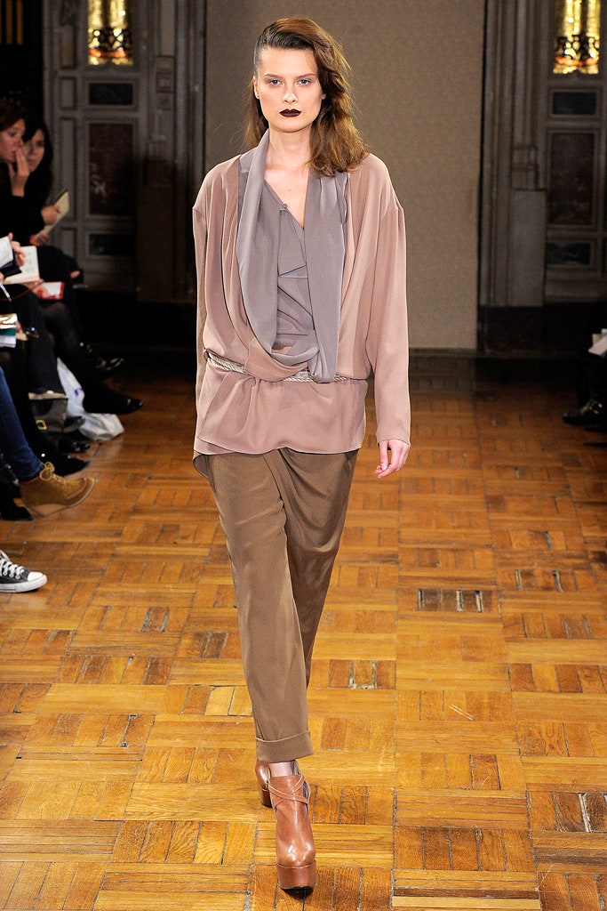 beige silk relaxed blouse with brown pants