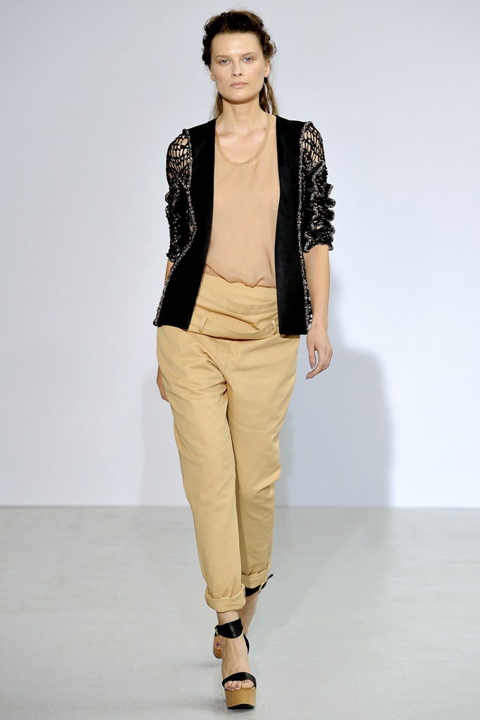 beige silk blouse with black lace jacket