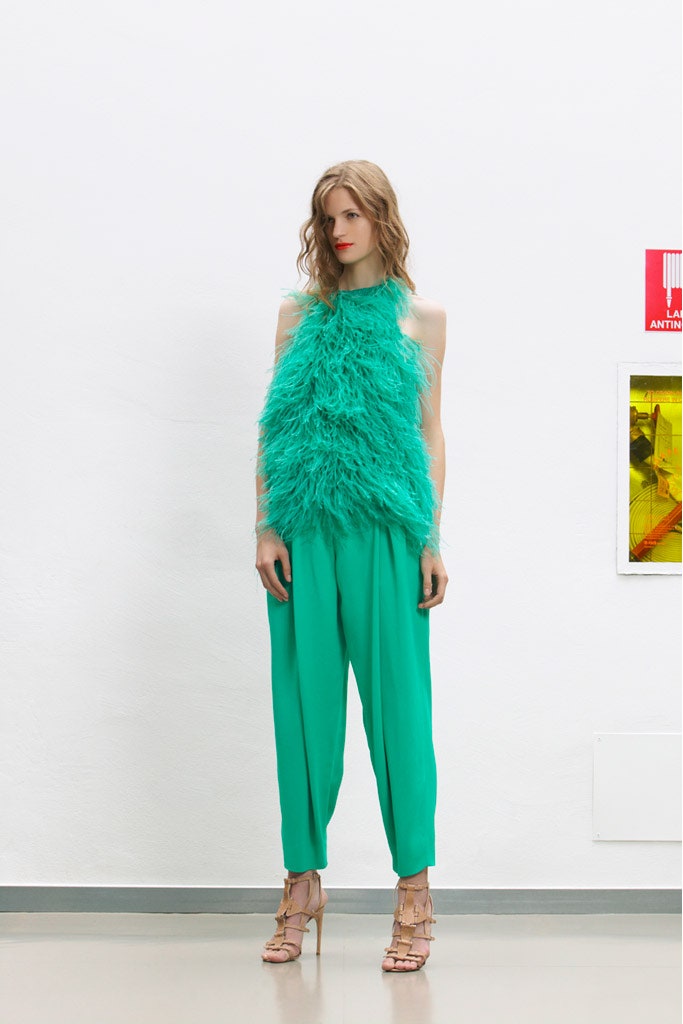 green feather sleeveless high-neck fitted ruffled top