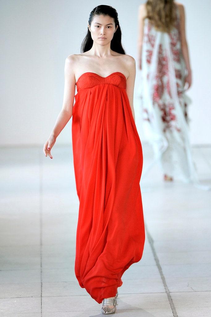 red silk strapless gown