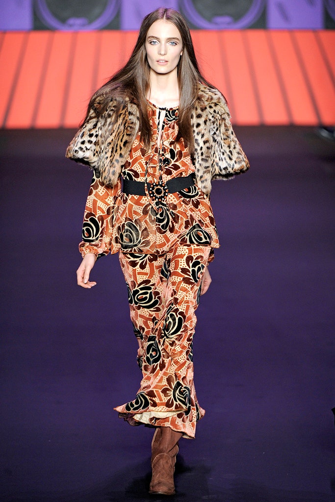 orange silk long-sleeve v-neck fitted printed tiered dress