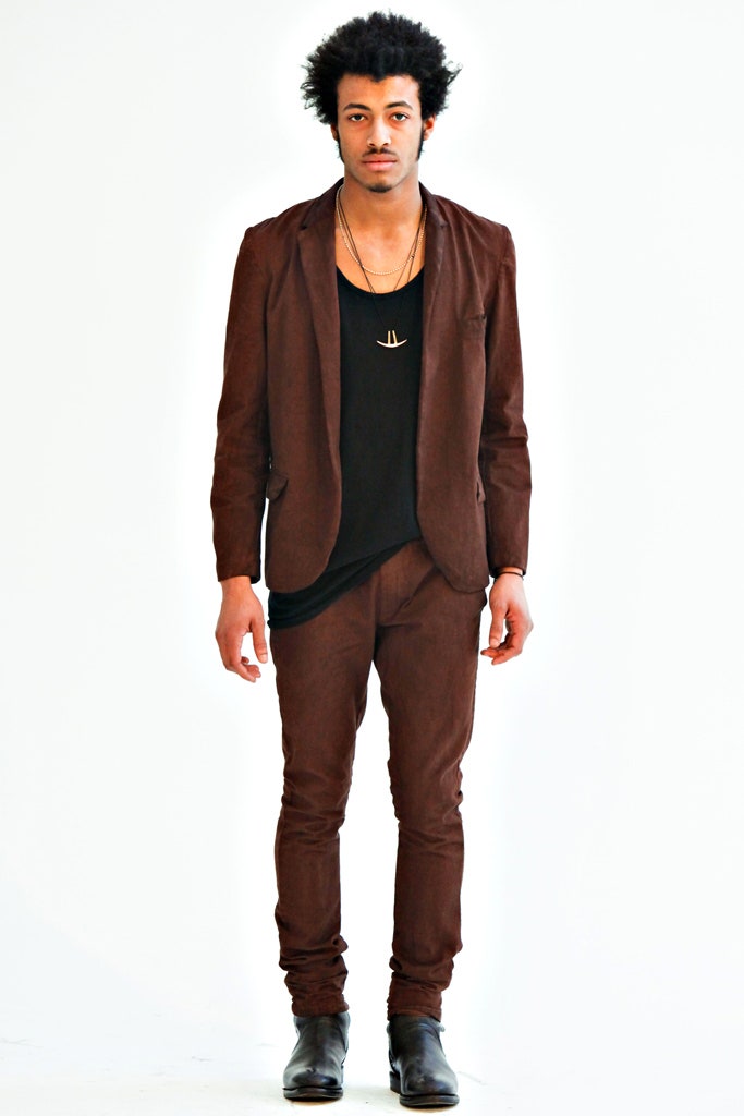 brown fitted suit with black top