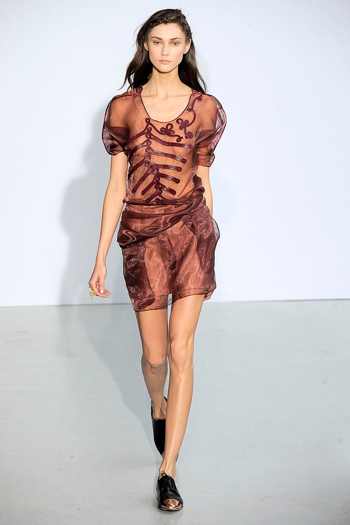 brown silk fitted top and skirt